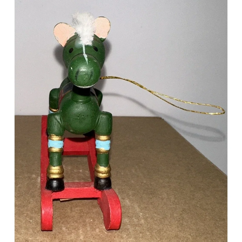 Set of 2 - Vintage 1980's Hand‎ Painted Yellow & Green Rocking Horse Ornaments